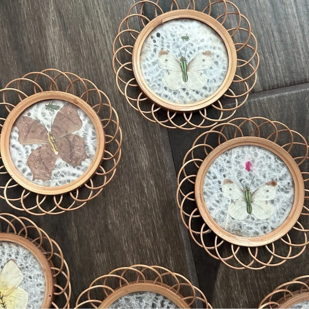VTG Wicker Rattan Pressed Butterfly Coasters Set of 6